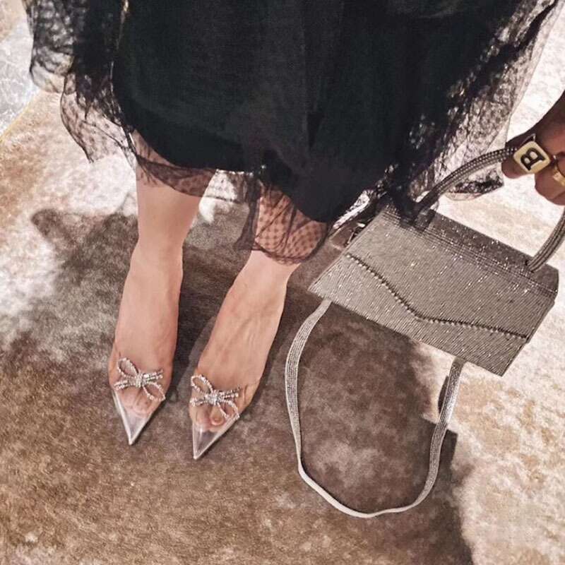 2024 Style Bowknot Pointed Sandals Female Fairy Wind Net Red Crystal Transparent Rhinestone Stiletto High Heels Kq8