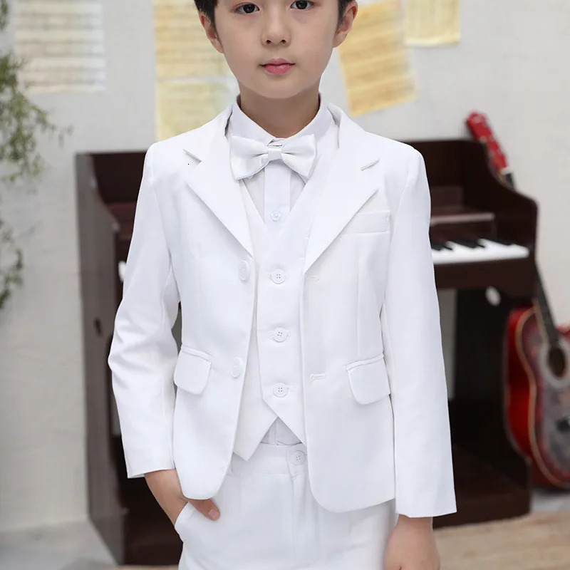 Boys White Baptism Blazer Clothing Set Flower Boys Performance Wedding Dress Prom Pography Suit Teens Children Vest Costume 240626