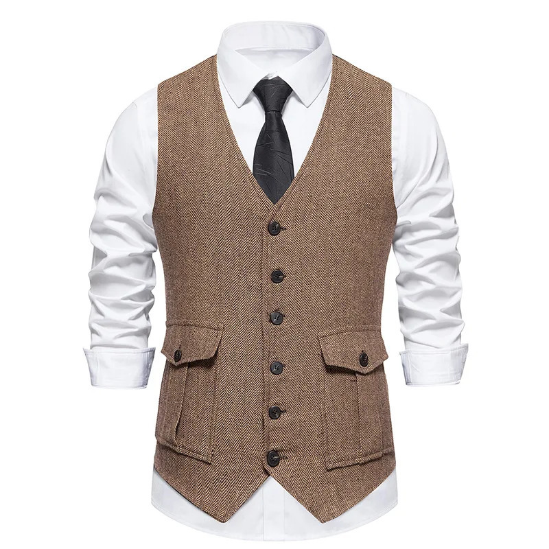 #4864 Autumn Winter Blazer Vest Men Split Joint Office Vest Male Pockets Solid Color Slim Fit Single Breasted Mens Vest Vintage 240615