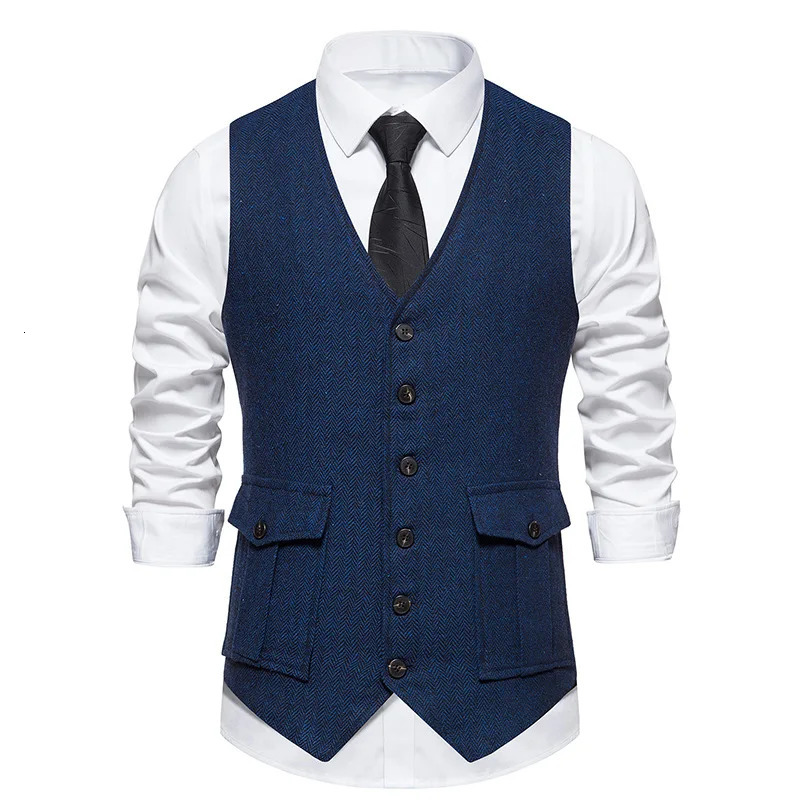 #4864 Autumn Winter Blazer Vest Men Split Joint Office Vest Male Pockets Solid Color Slim Fit Single Breasted Mens Vest Vintage 240615