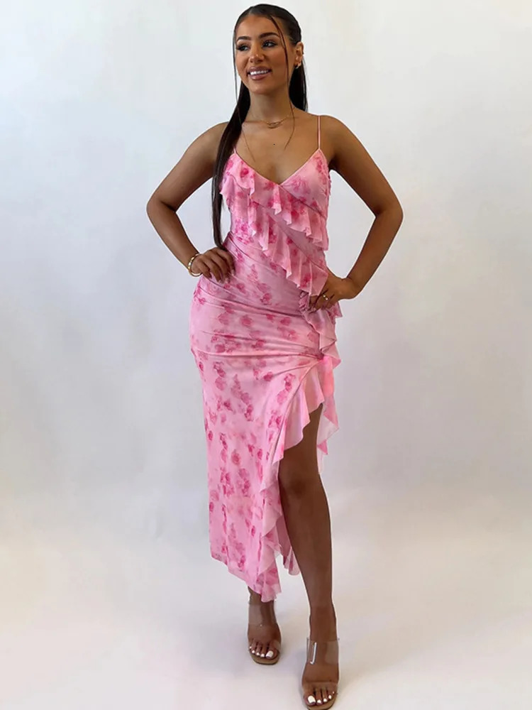 Mozision Spaghetti Strap Ruffle Long Dress Women Fashion V Neck Sleeveless High Split Dress Femme Elegant Backless Sexy Dress 240627