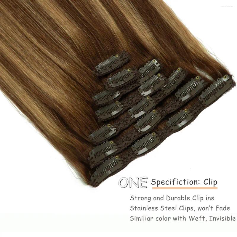 Straight Hair Clip In Human Extensions Real #4/27 Brown Highlights Blonde Ins Remy For Women 120G