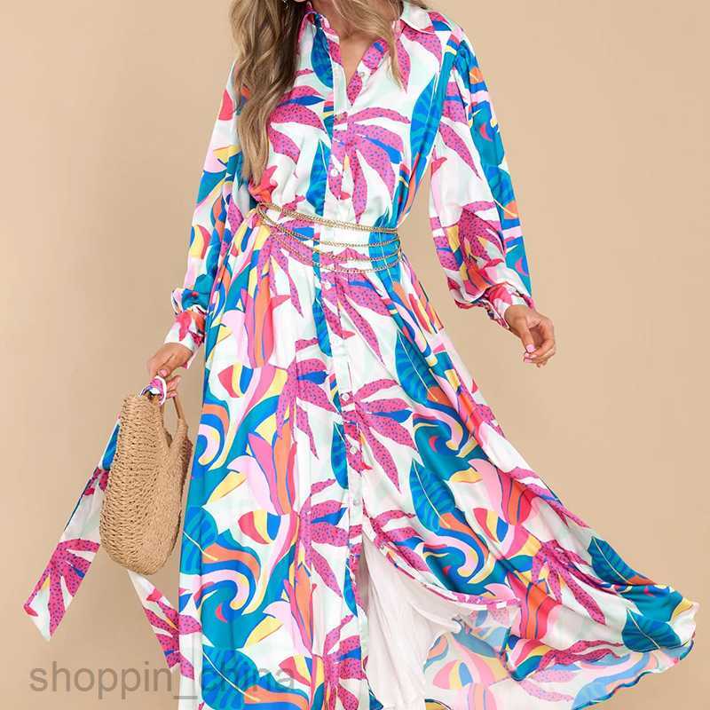 Basic Casual Dresses Women Women's Summer New Loose Long Dress Polo Neck Long Sleeve Lace up Dress 661