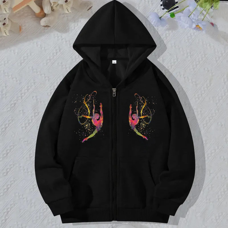 Black Zip Up Hoodie Long Sleeve Korean Hooded Sweatshirt for Women Watercolor Gymnastics Print Harajuku Sudaderas Mujer 240627