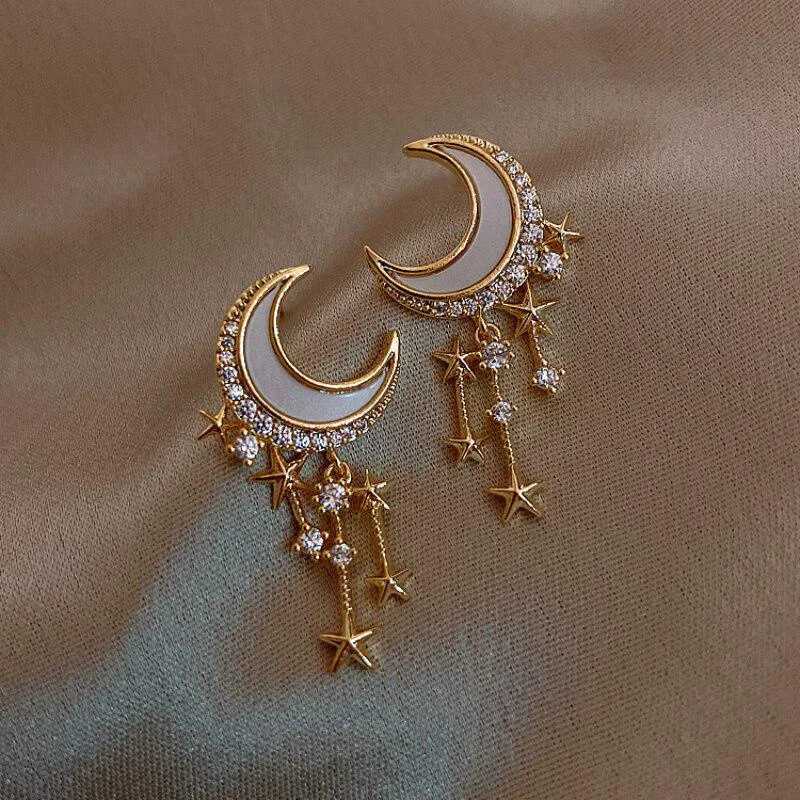 Dangle Chandelier Korean Fashion Moon Earrings for Women Classic Zircon Tassel Star Drop Dangle Stud Earring Party Jewelry Gift Pendientes Mujer