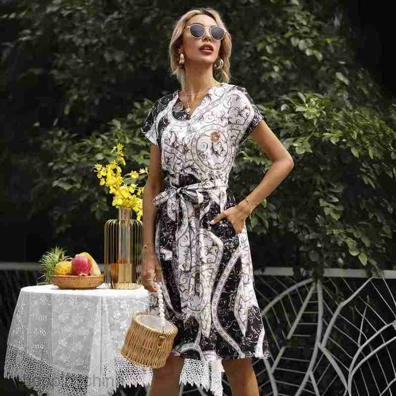 Basic Casual Dresses Women Dress Women's Summer Print Lace Up Waist Short Sleeve Dress