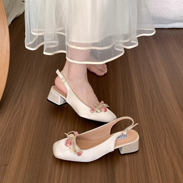 French Block Heel Mary Jane Single Shoes Women's Spring/Summer Flower Backspace Sandals 772