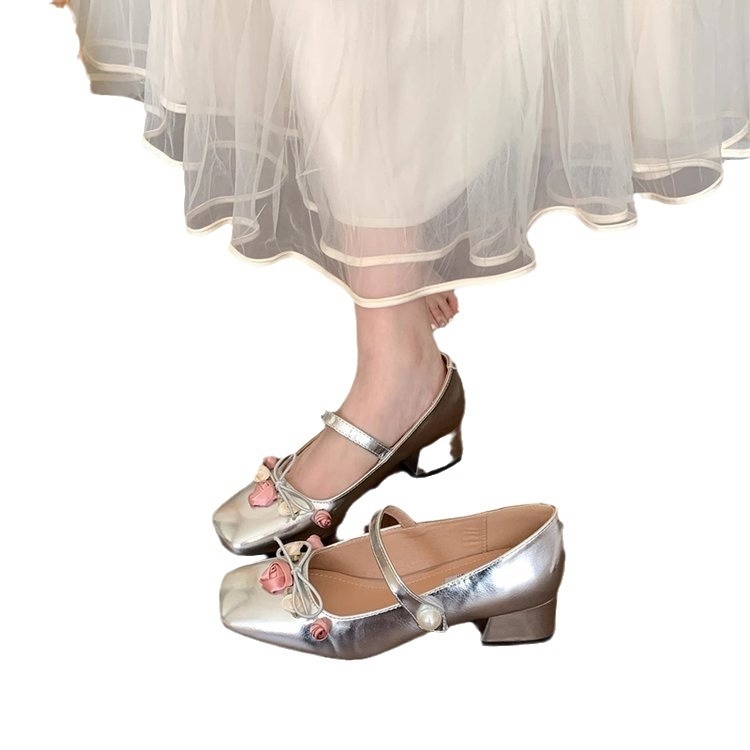French Block Heel Mary Jane Single Shoes Women's Spring/Summer Flower Backspace Sandals 772