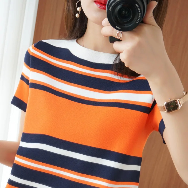 Summer Style Contrast Stripe Short Sleeve Tshirt Womens Round Neck Cotton Hemp Loose Thin Pure Outer Wear 240626Z