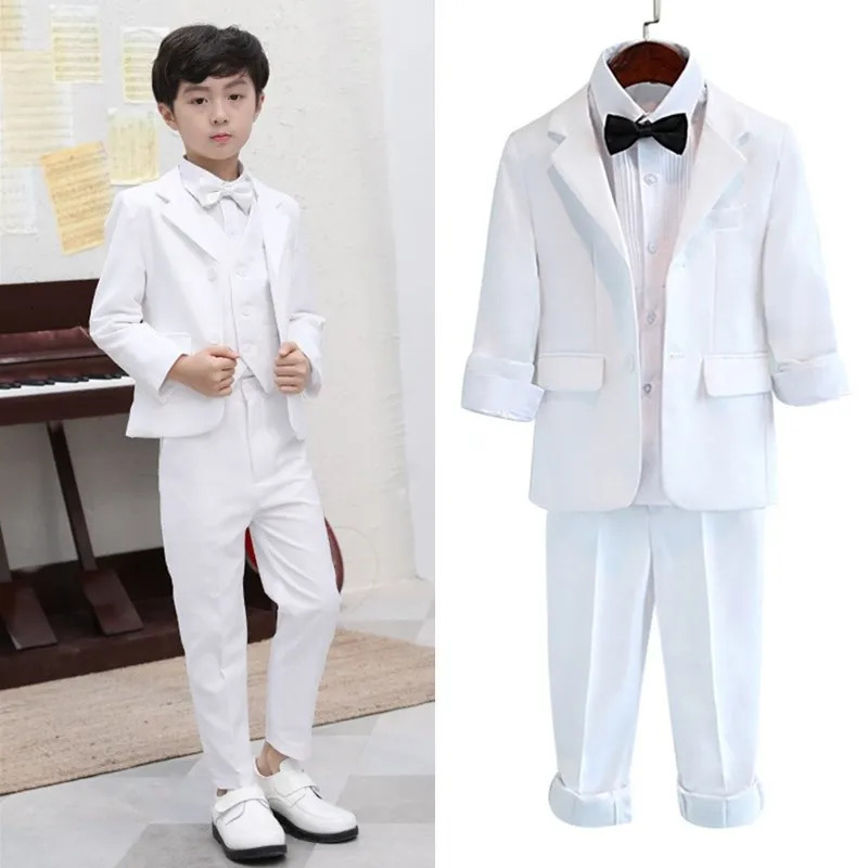 Boys White Baptism Blazer Clothing Set Flower Boys Performance Wedding Dress Prom Pography Suit Teens Children Vest Costume 240626
