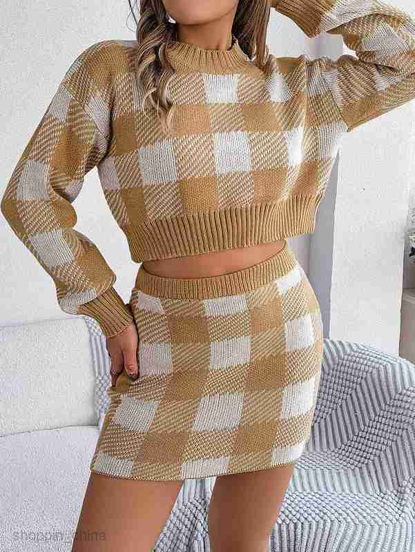 women Two Piece Dress Sets Autumn and winter casual contrasting plaid long sleeved exposed navel sweater with buttocks wrapped skirt set for women