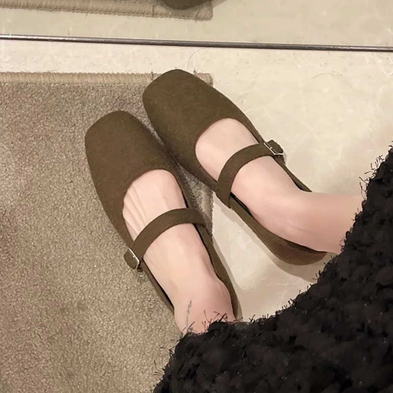 Womens Felt Mary Janes Shoes Square Toe Ballet Flats for Female Fashion Buckle Strap Ladies Shoes Spring Autumn 1772N 240627
