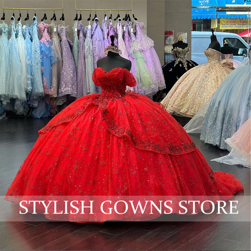 Mexico Red Off The Shoulder Quinceanera Dress Beaded Appliques Tiered Princess Ball Gown For Sweet 16 Birthday Party Robe De Bal 0627