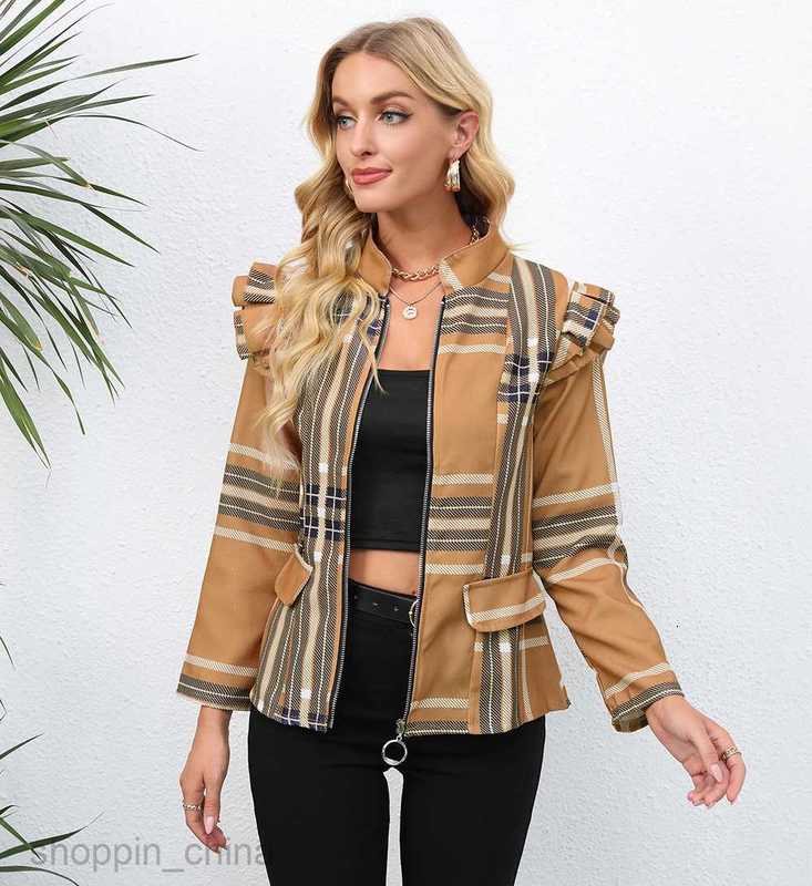 fashion Women Jackets Coats Women's autumn and winter printed zippered round neck long sleeved jacket