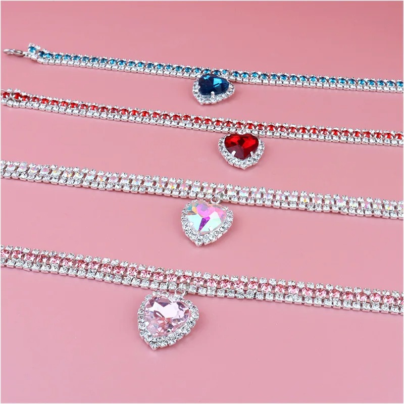 Dog Shiny Rhinestone Cat Heart Dia Jewelry Necklace Pet Bling Princess Collar Puppy Supplies Chihuahua Accessories