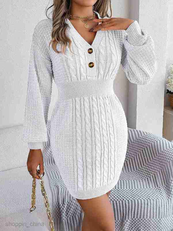 Women Casual Dresses fashion dress Autumn and winter button V-neck Fried Dough Twists lantern sleeve buttocks wool dress for women