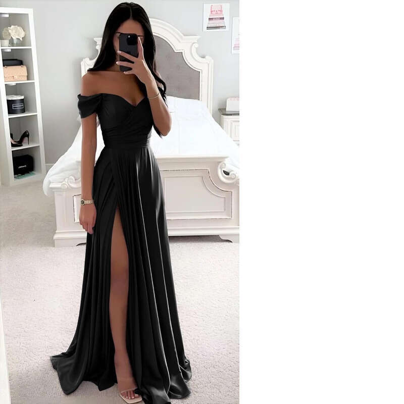 Or-Length Off-The-Shoulder Necke Gown Slit Lace Up Evening Dresses Woman Elegant Sleeveless