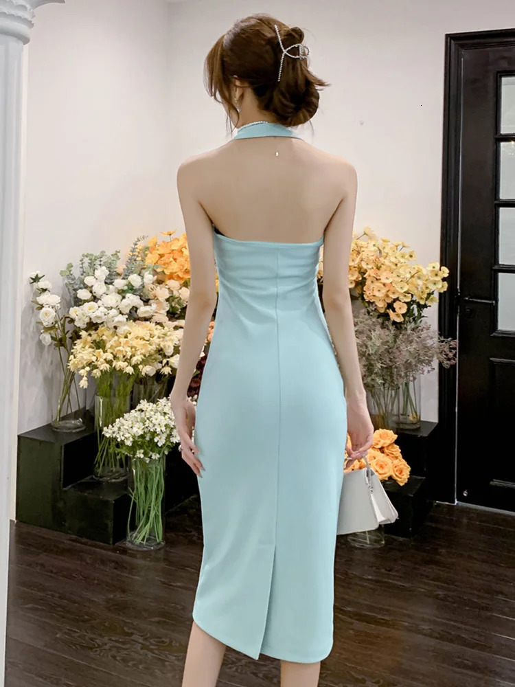 Women Evening Banquet Sexy Halter Dress Lady Holiday Bodycon Backless Dresses Female Concise Colorful Birthday Ruched 240627