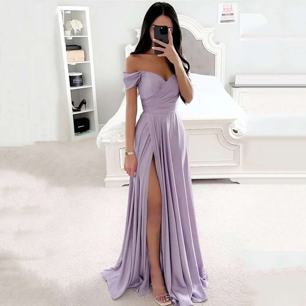 Or-Length Off-The-Shoulder Necke Gown Slit Lace Up Evening Dresses Woman Elegant Sleeveless