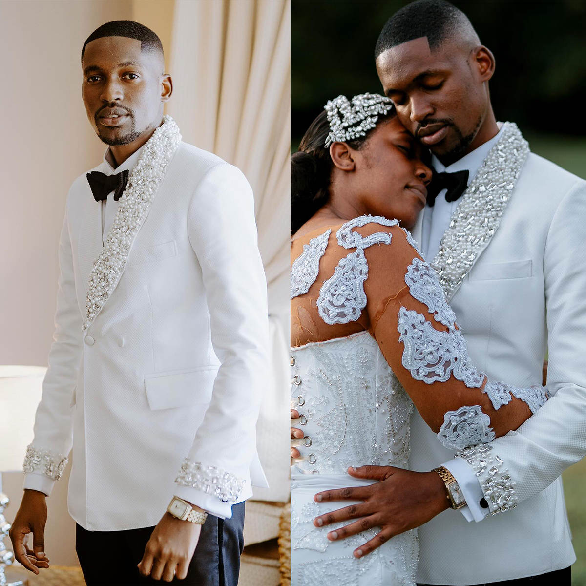 Fashion Men's Weeding Tuxedo Shawl Lapel Pearls Rhinestone Blazer 2 Pieces Set Coat Beaded Evening Party Prom Custom Made Suits Jacket+Pants