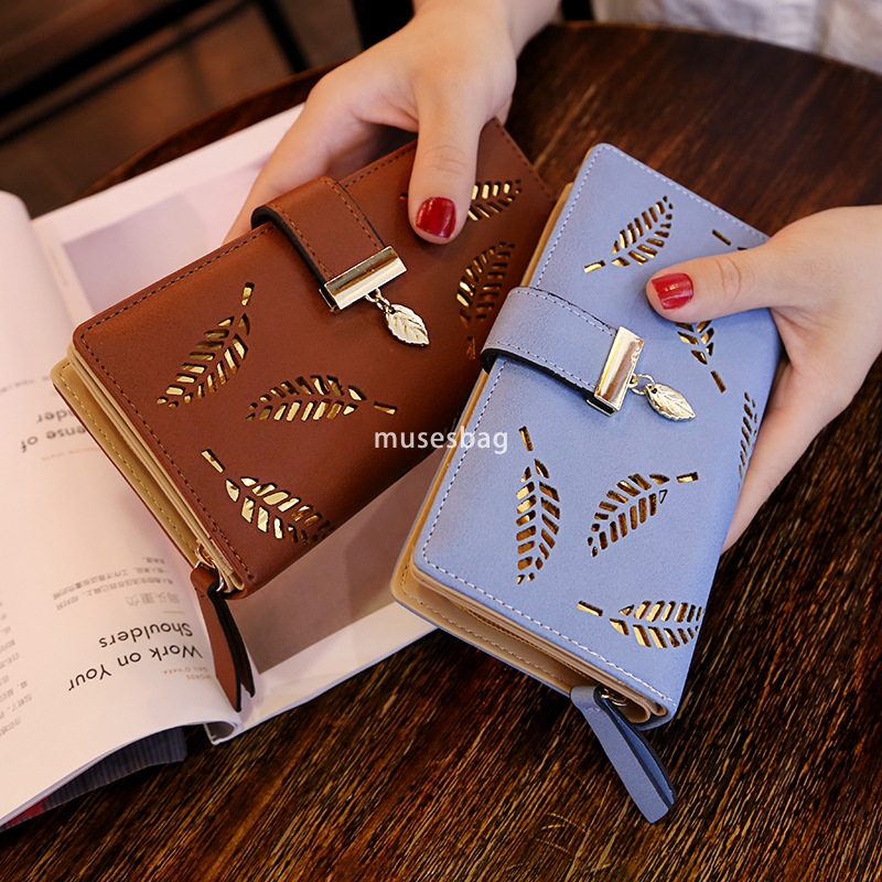 Korean women's high-end feeling new temperament versatile wallet long fashionable handbag hollowed out leaf zipper buckle practical multifunction