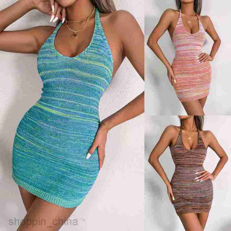 Women Casual Dresses fashion dress style spring and summer leisure color stripe knitted backless holiday dress Hip Wrap Skirt