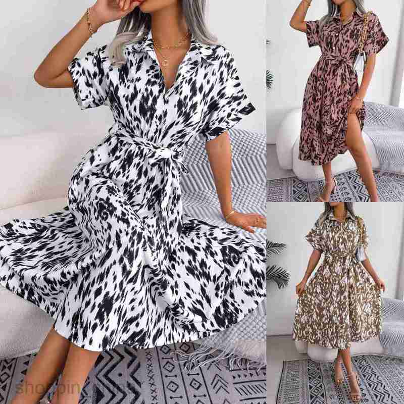 Women Casual Dresses fashion dress Spring/Summer Casual Loose Leopard Pattern Lace up Shirt Skirt for Women