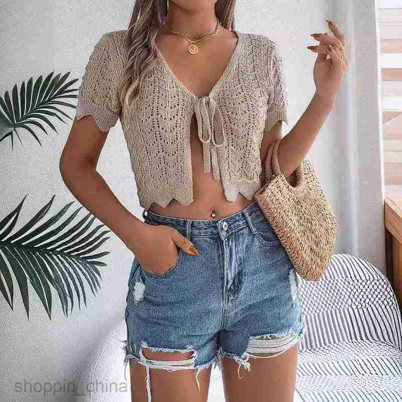 Women's T Shirt Summer Lace up Hollow Short Sleeve Knitted Cardigan Holiday Naked Sun Protection Shirt Women's Wear tees