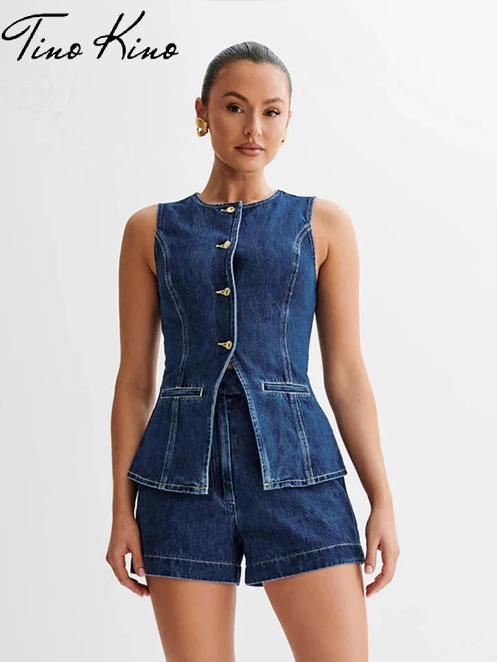 Denim 2 Pieces Sets Women Fashion Slim Oneck Sleeveless Single Breasted Vest Wide Leg Shorts Summer Y2K Lady Outfit 240618