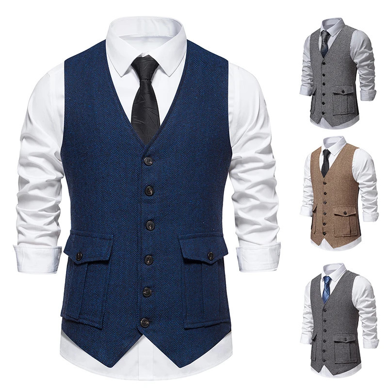 Men Suit Vest Herringbone Fabric Waistcoat Business Wedding Casual V Neck Mens Formal Party Dress Blazer Vests V12 240615