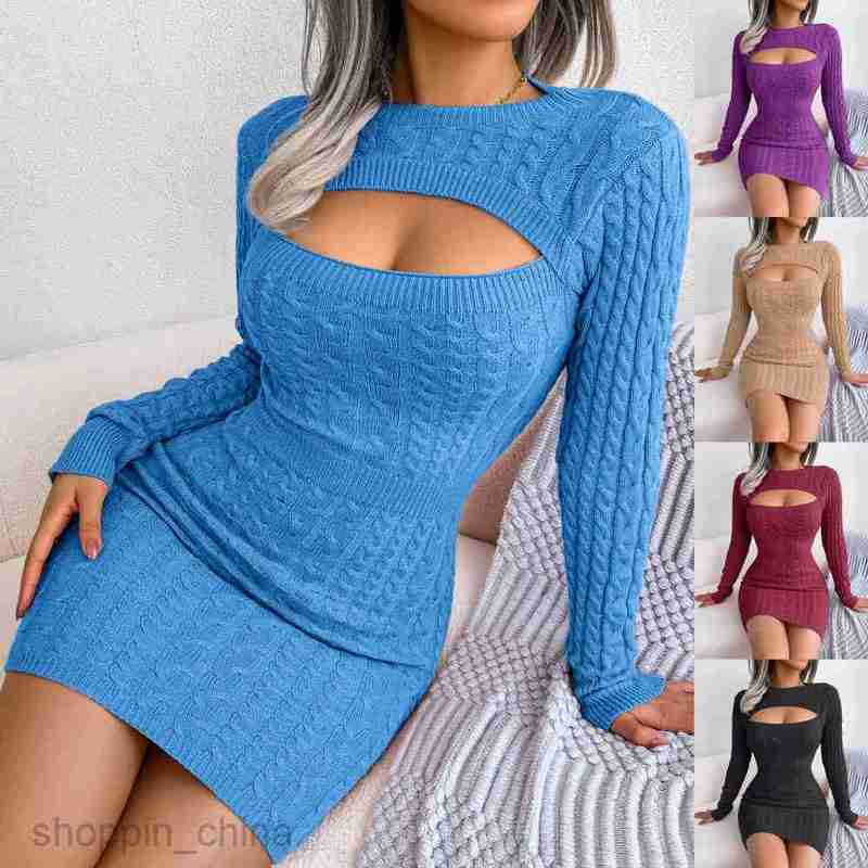 Women Casual Dresses fashion dress Autumn and Winter Sexy Hollow out Fried Dough Twists Waist Bag Hip Skirt Woolen Dress Women's Wear