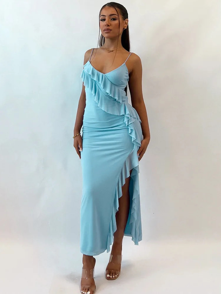 Mozision Spaghetti Strap Ruffle Long Dress Women Fashion V Neck Sleeveless High Split Dress Femme Elegant Backless Sexy Dress 240627