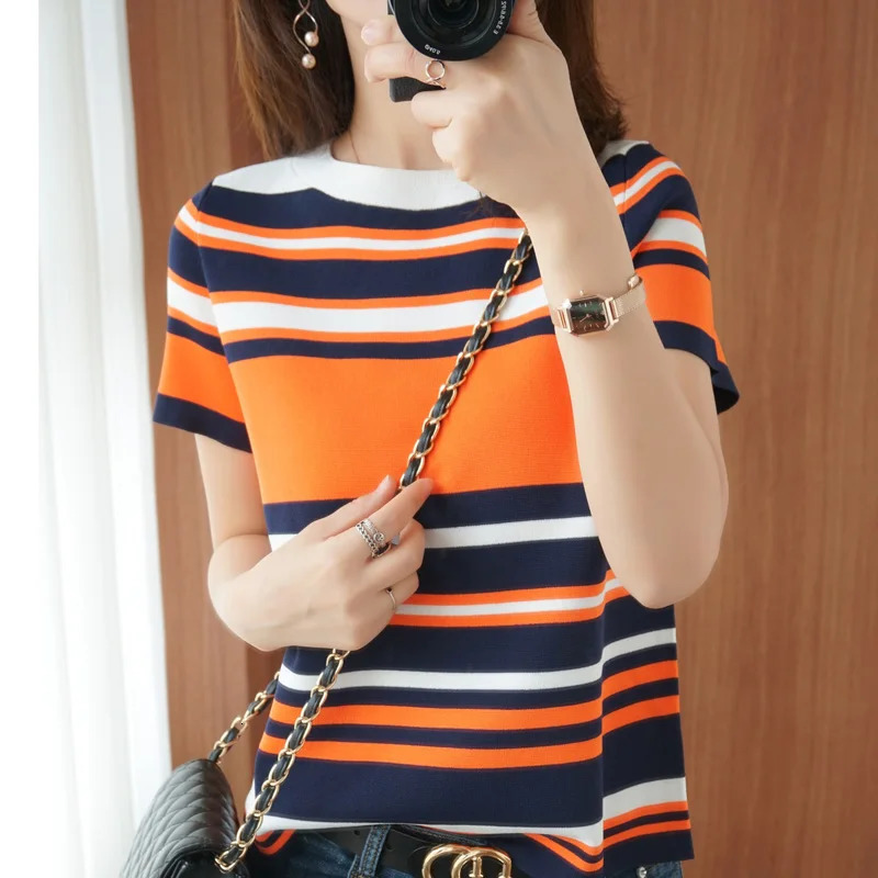 Summer Style Contrast Stripe Short Sleeve Tshirt Womens Round Neck Cotton Hemp Loose Thin Pure Outer Wear 240626Z