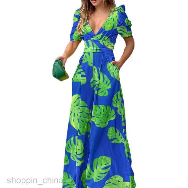 Basic Casual Dresses Women Dress Women's printed V-neck waistband long pants short sleeved jumpsuit