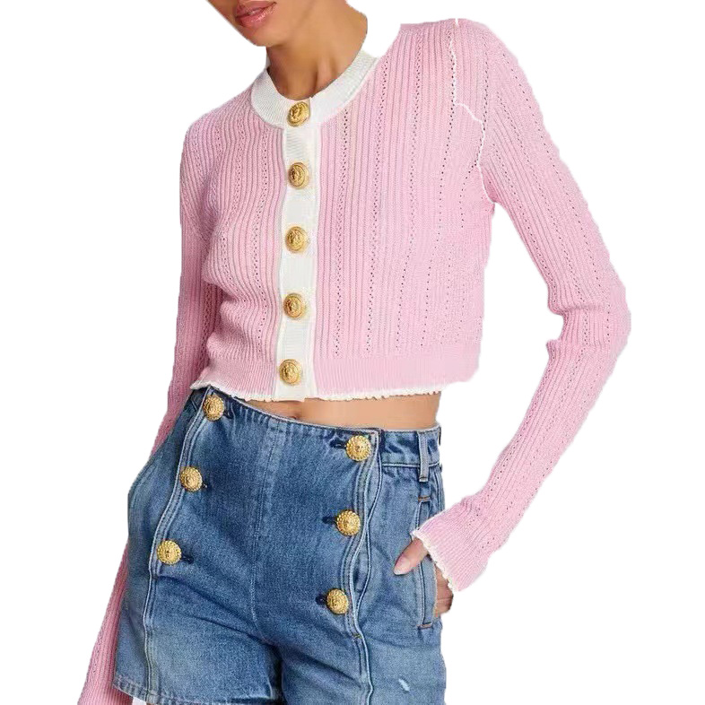 Bajia 2024 spring and autumn new style casual pink color matching knitted cardigan womens niche fashion slim round neck top jacket