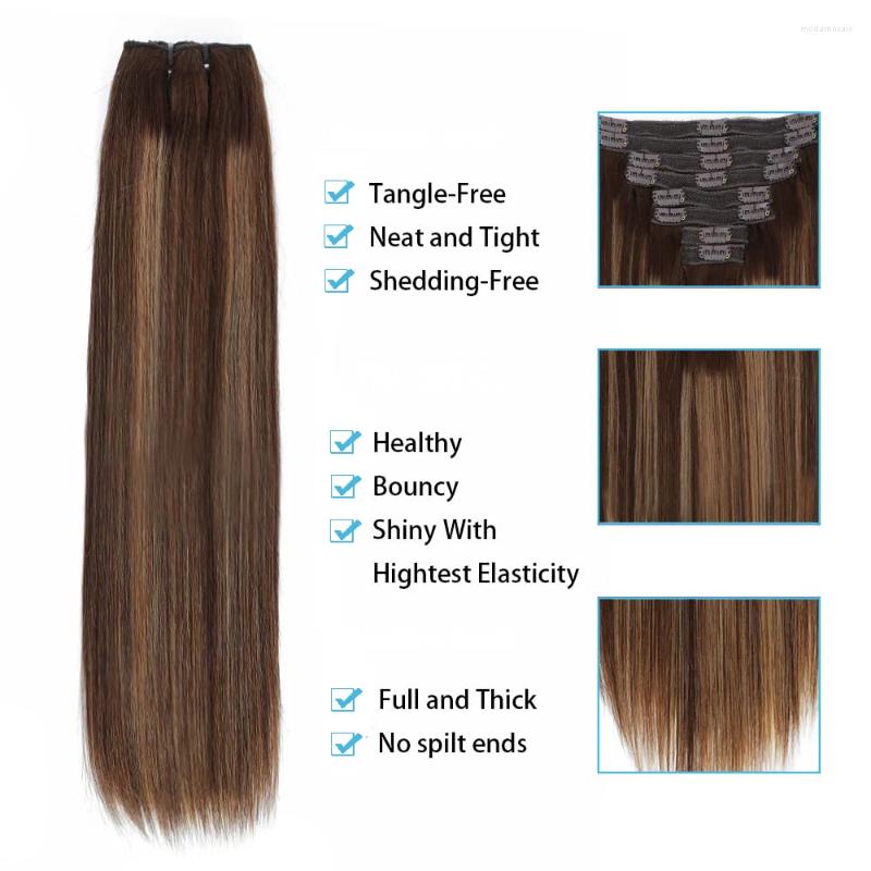 Straight Clip In Hair Extensions Human P4/27 Hairstyle Hairpiece Full Head Ins Natural With 18 Clips