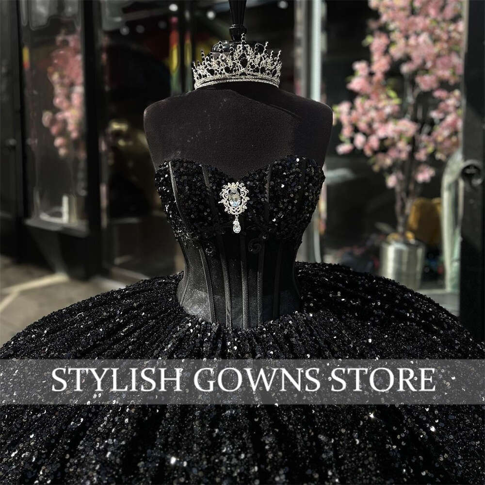 Black Sequined Sweetheart Ball Gown Quinceanera Dress For Girls Crystal Beaded Birthday Party Gowns Prom Dresses Robe De Bal 0914