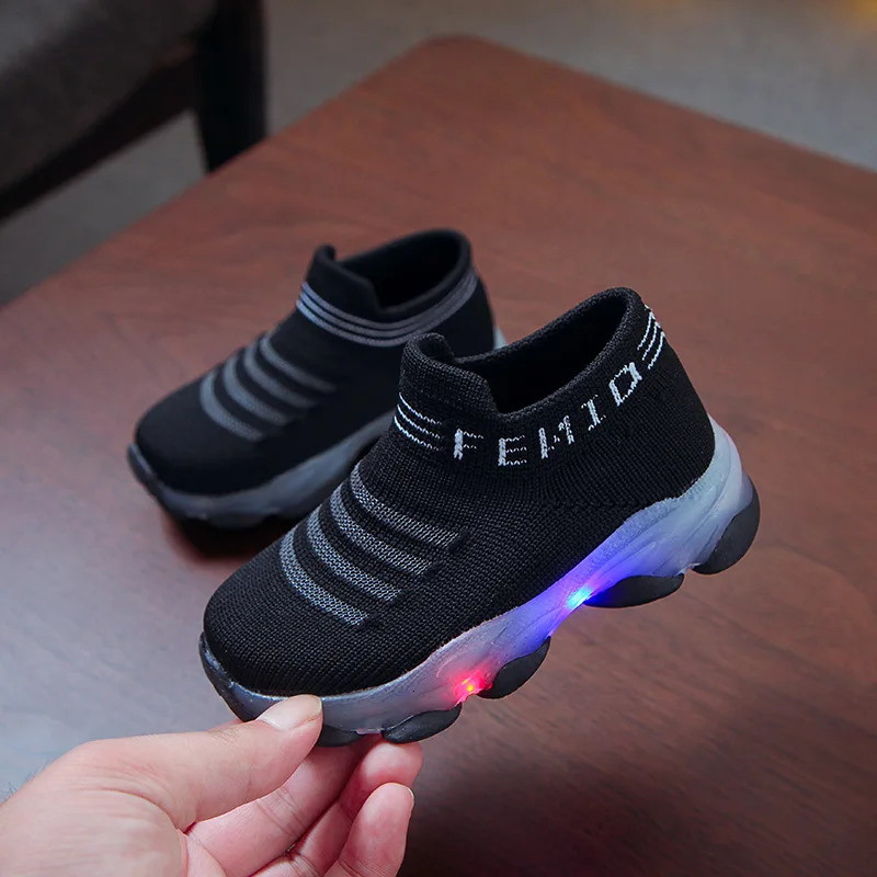 Childrens Sports Shoes Baby Girls Letter Grid Led Glow Socks Sports Running Shoes Sapato Baby Glow Shoes 240627