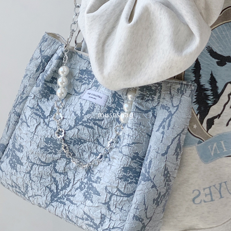 Street trend niche design soft leather sea salt blue jacquard canvas tote bag new western-style large capacity niche one shoulder bag for women