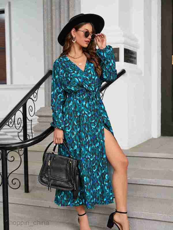 Basic Casual Dresses Women Dress Women's autumn and winter leopard pattern slit waist long sleeve dress