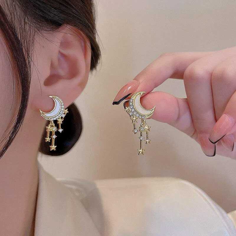Dangle Chandelier Korean Fashion Moon Earrings for Women Classic Zircon Tassel Star Drop Dangle Stud Earring Party Jewelry Gift Pendientes Mujer