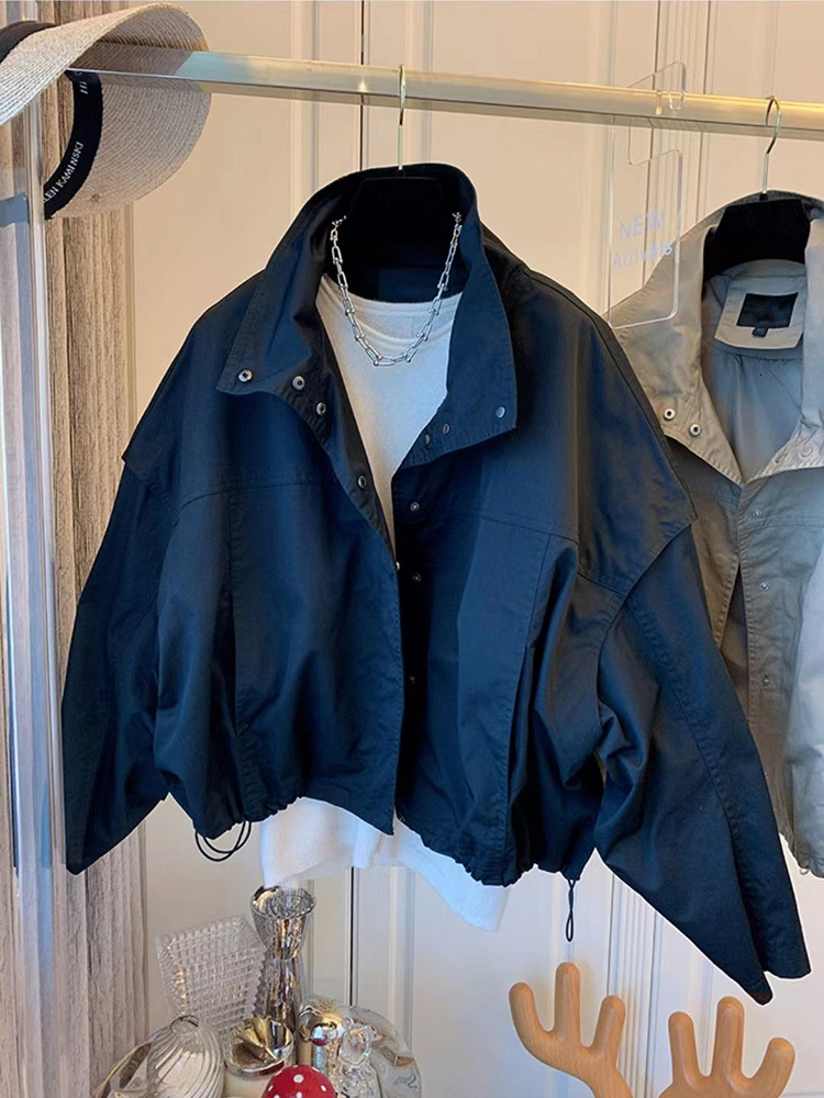 Women's Bomber Stand Collar Loose Windbreaker Coat autumn Drawstring Basic Jacket Female outwear F6.27#43