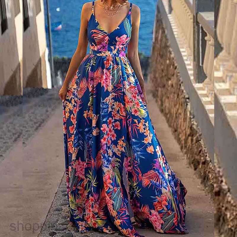 Basic Casual Dresses Women Summer printed waist tied skirt for women's clothing V-neck low cut party hem dress 661
