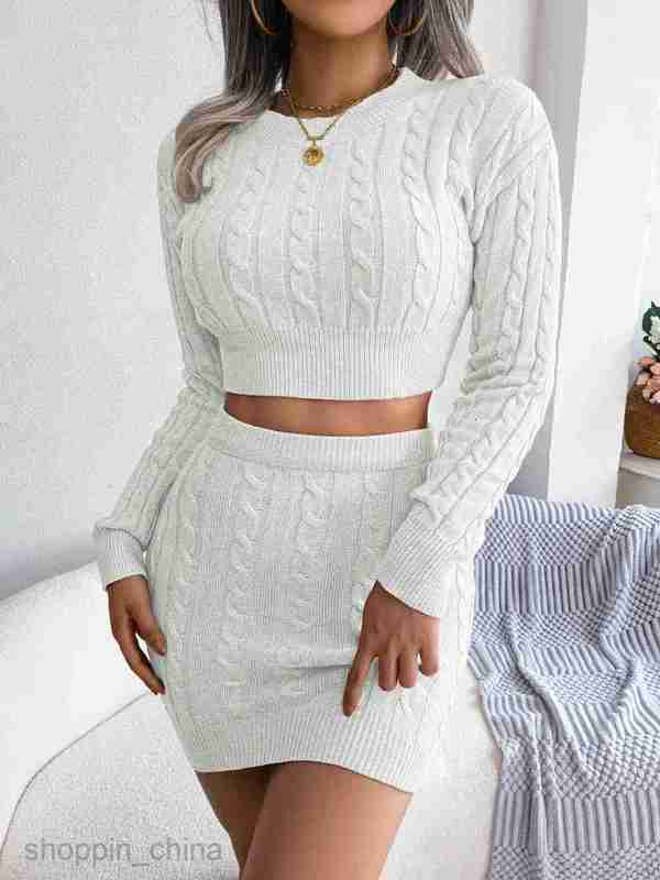 women Two Piece Dress Sets Autumn and winter casual Fried Dough Twists navel revealing sweater buttocks skirt knitting suit women's clothing