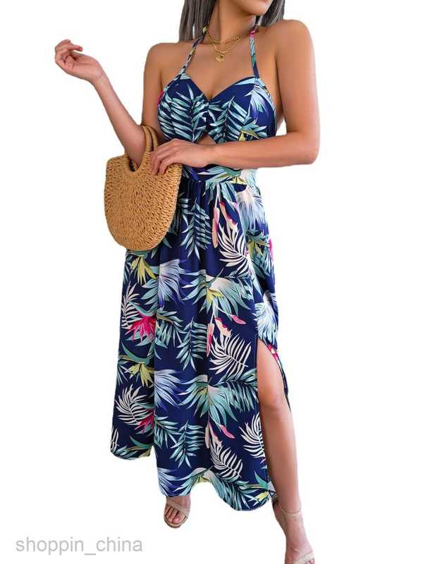 Women Casual Dresses fashion dress Spring/Summer Flower Sleeveless Hollow Hanging Strap Long Skirt Holiday Beach Skirt Women's Wear