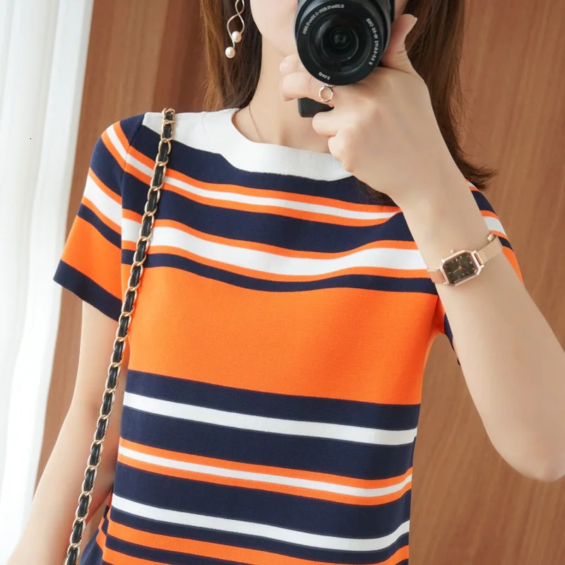 Summer Style Contrast Stripe Short Sleeve Tshirt Womens Round Neck Cotton Hemp Loose Thin Pure Outer Wear 240626Z