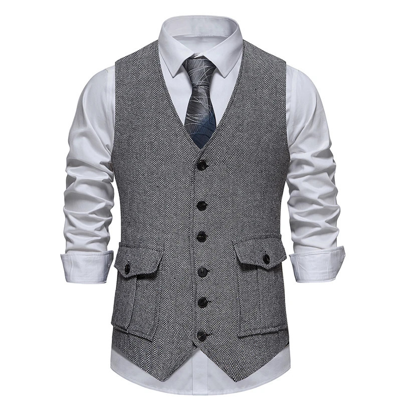 Men Suit Vest Herringbone Fabric Waistcoat Business Wedding Casual V Neck Mens Formal Party Dress Blazer Vests V12 240615