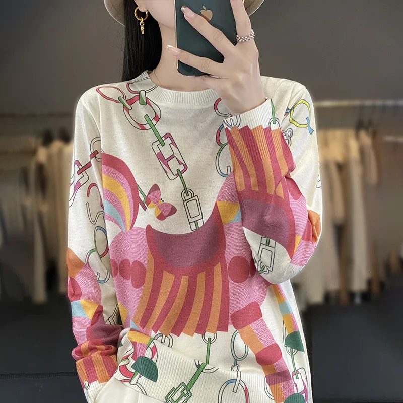 Spring and Autumn Womens Round Neck Thin Sweater Fashion Tshirt Top Worsted Wool Printed Long Sleeve Knitted Bottom Shirt 240626