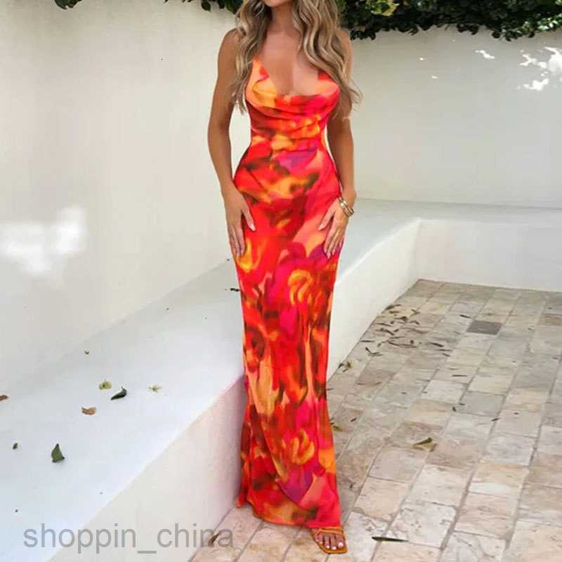 Basic Casual Dresses Women Summer New Women's Fashion Elegant and Fashionable Backless Slim Fit Printed Long Dress