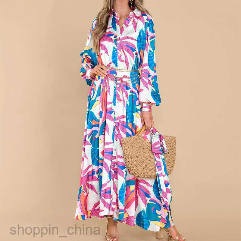 Basic Casual Dresses Women Women's Summer New Loose Long Dress Polo Neck Long Sleeve Lace up Dress 661